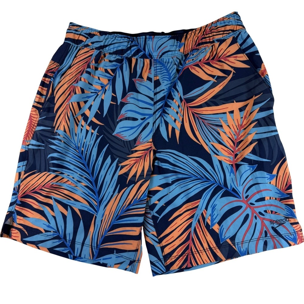 Speedo Mens Tropical Palm Leaf Swim Trunk Blue Orange Board Shorts Small 1125254